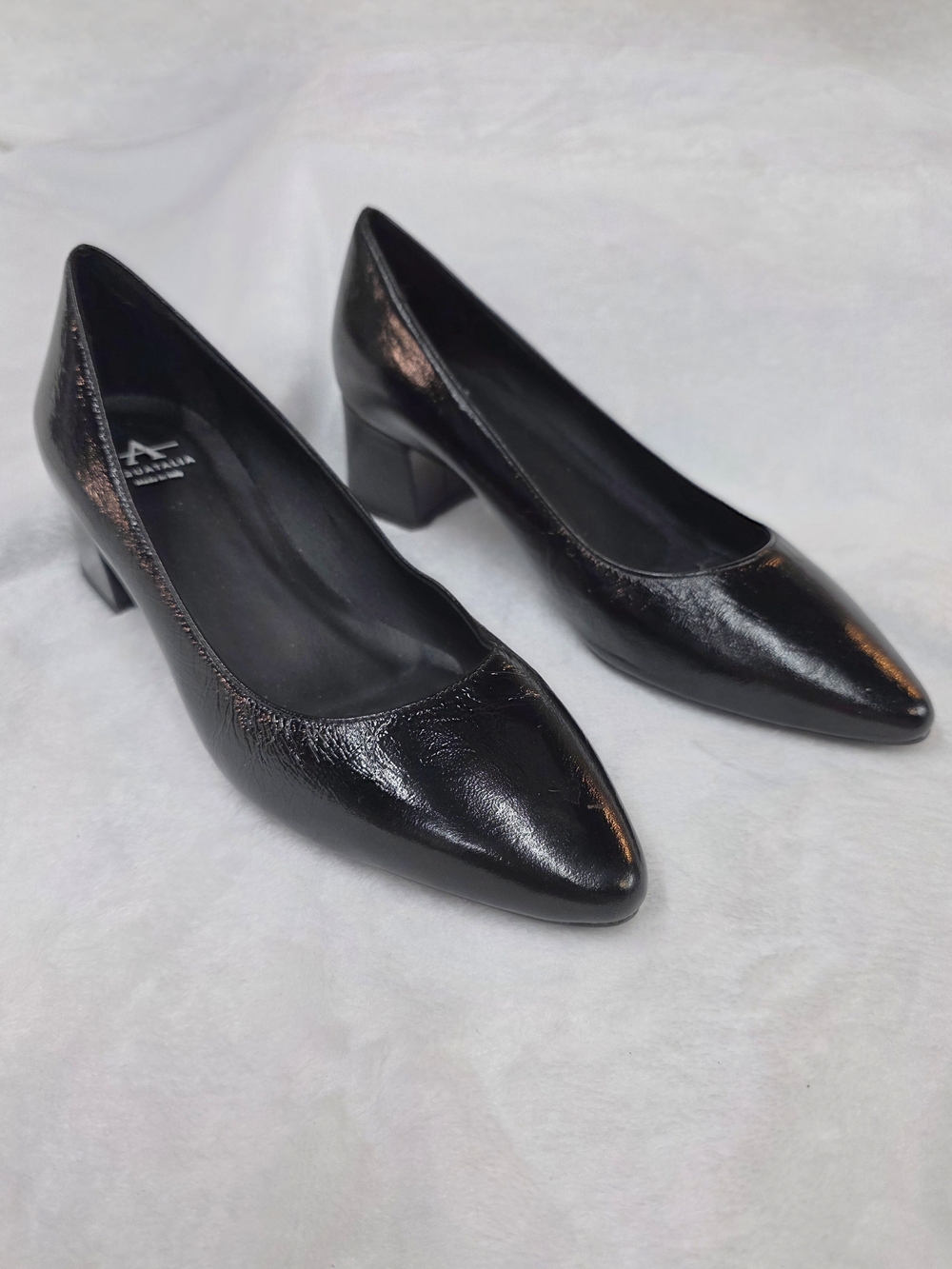 Aquatalia Black Pointed-Toe Low Block Heel Pumps Made In Italy